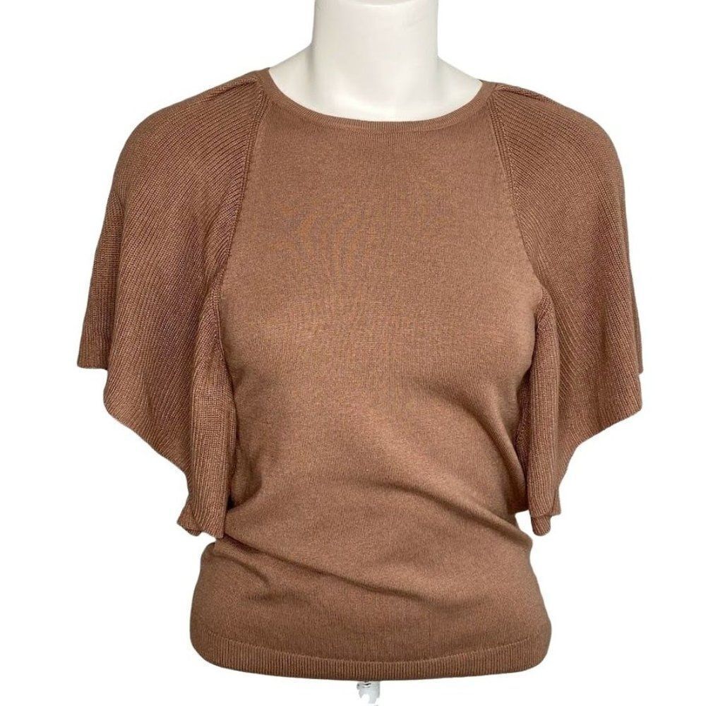 Prologue Brown Mocha‎ Short Flutter Sleeve Crewneck Sweater Top sz XS
